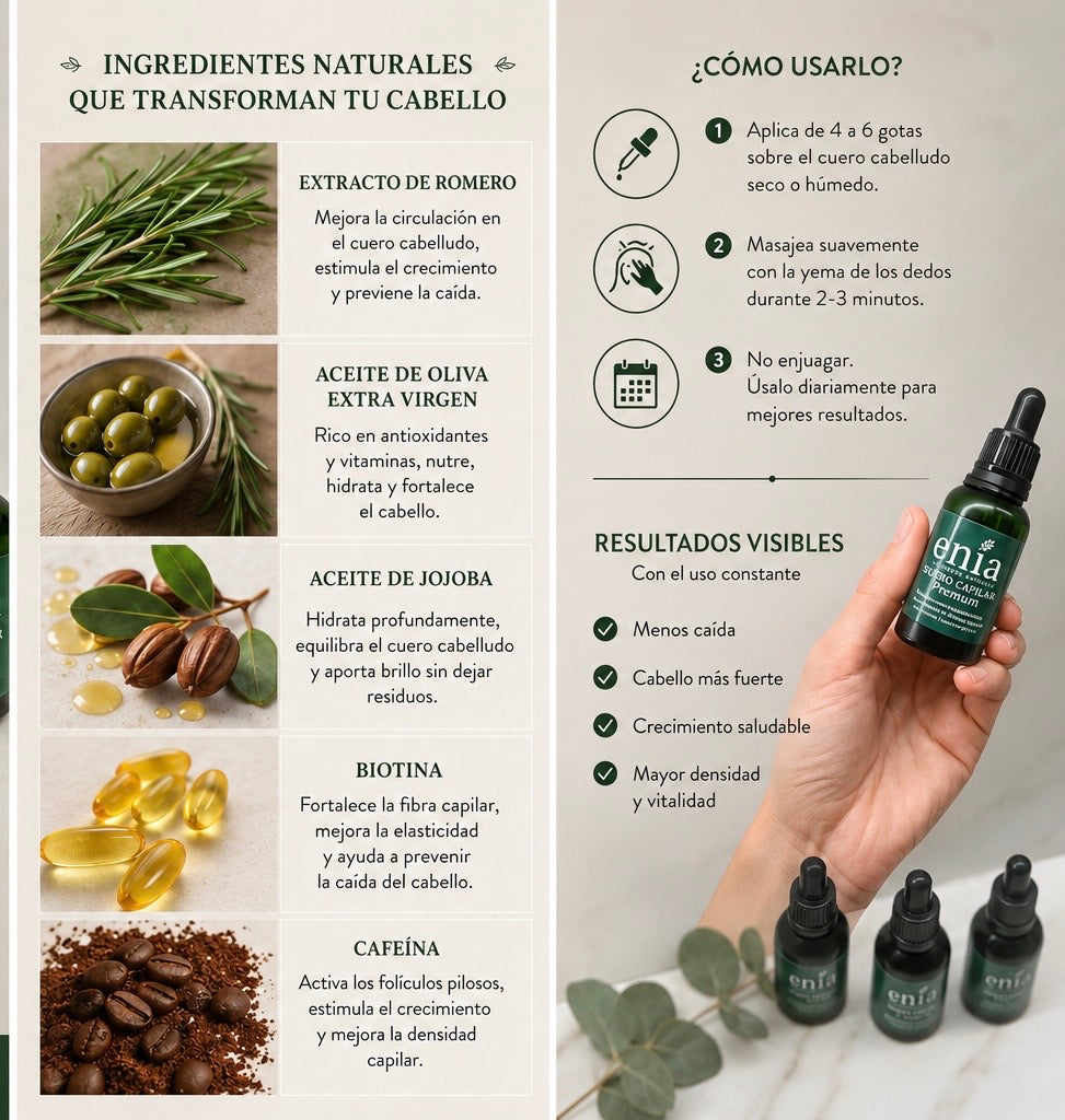 Suero Capilar Premium ENIA🌿 Dale a tu cabello el cuidado que merece con nuestro Suero Capilar Premium, formulado con ingredientes naturales seleccionados para ayudar a estimular el crecimiento, fortalecer la fibra capilar y mejorar la salud del cuero cab