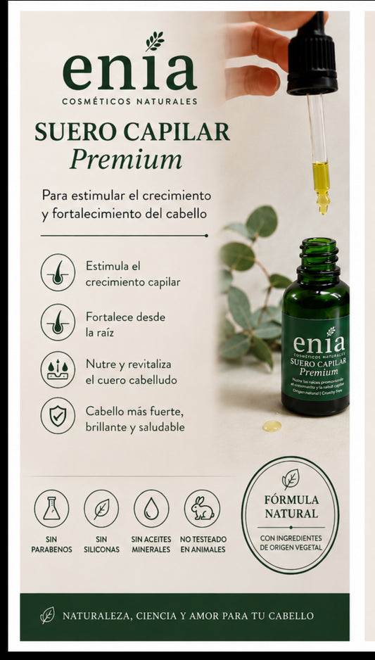 Suero Capilar Premium ENIA🌿 Dale a tu cabello el cuidado que merece con nuestro Suero Capilar Premium, formulado con ingredientes naturales seleccionados para ayudar a estimular el crecimiento, fortalecer la fibra capilar y mejorar la salud del cuero cab